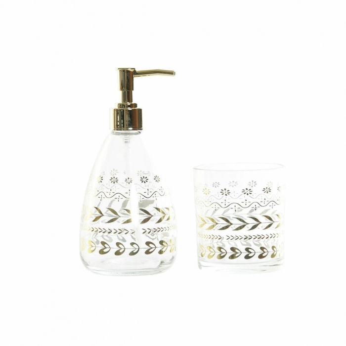 Set de Baño DKD Home Decor Cristal Dorado ABS 9 x 9 x 18 cm Hoja de planta