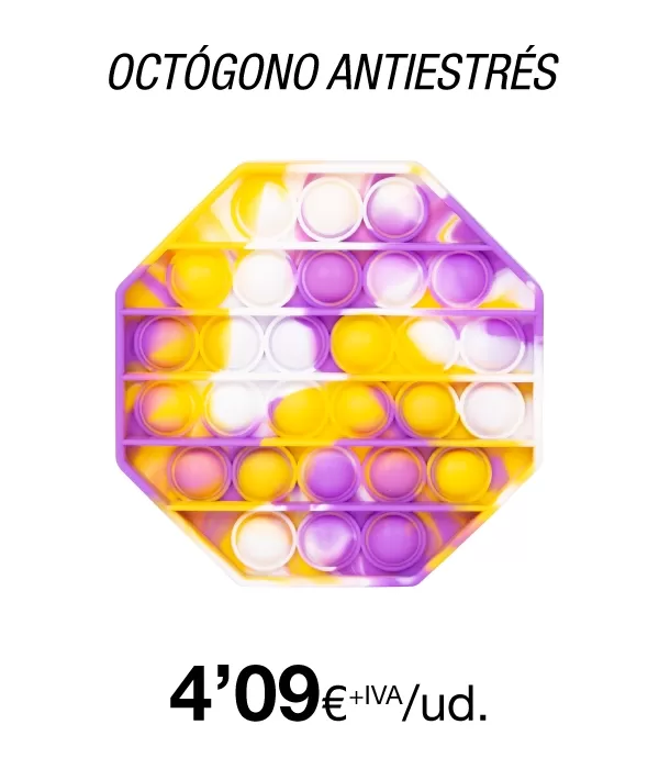 Juguete Sensorial AntiEstrés de Burbujas, Octógono morado, amarillo y blanco