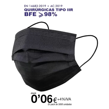 Mascarillas quirúrgicas Negras tipo IIR de 3 Capas (certificación sanitaria, 4% Mascarillas quirúrgicas Negras tipo IIR de 3 Capas (certificación sanitaria, 4%